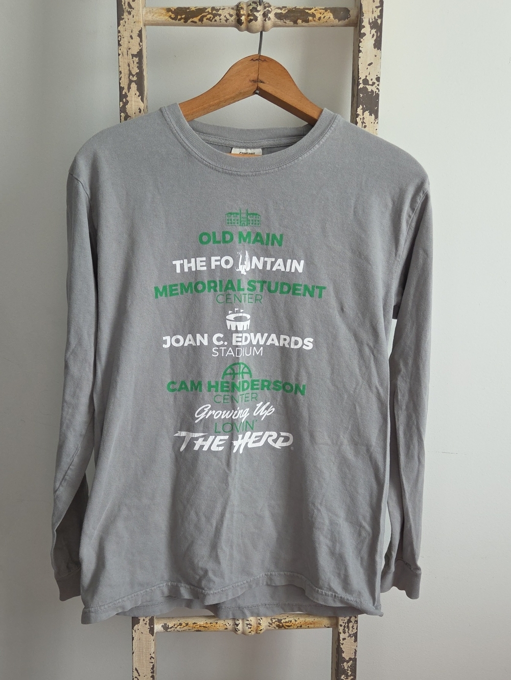 Marshall Comfort Colors Gray Long Sleeve Tee with Green & White Campus Print